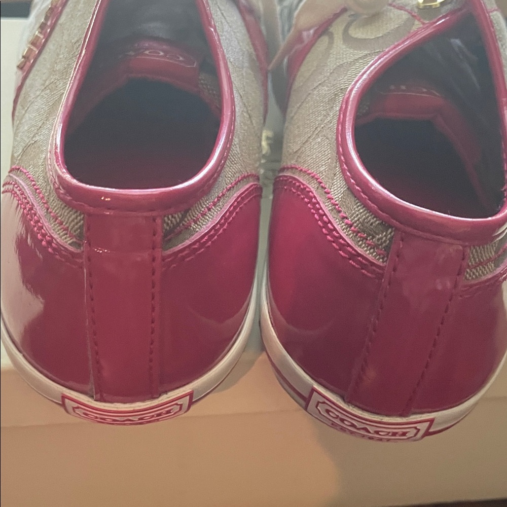 Coach Beige Signature Canvas Sneakers with Pink Patent Trim - Picture 3 of 7